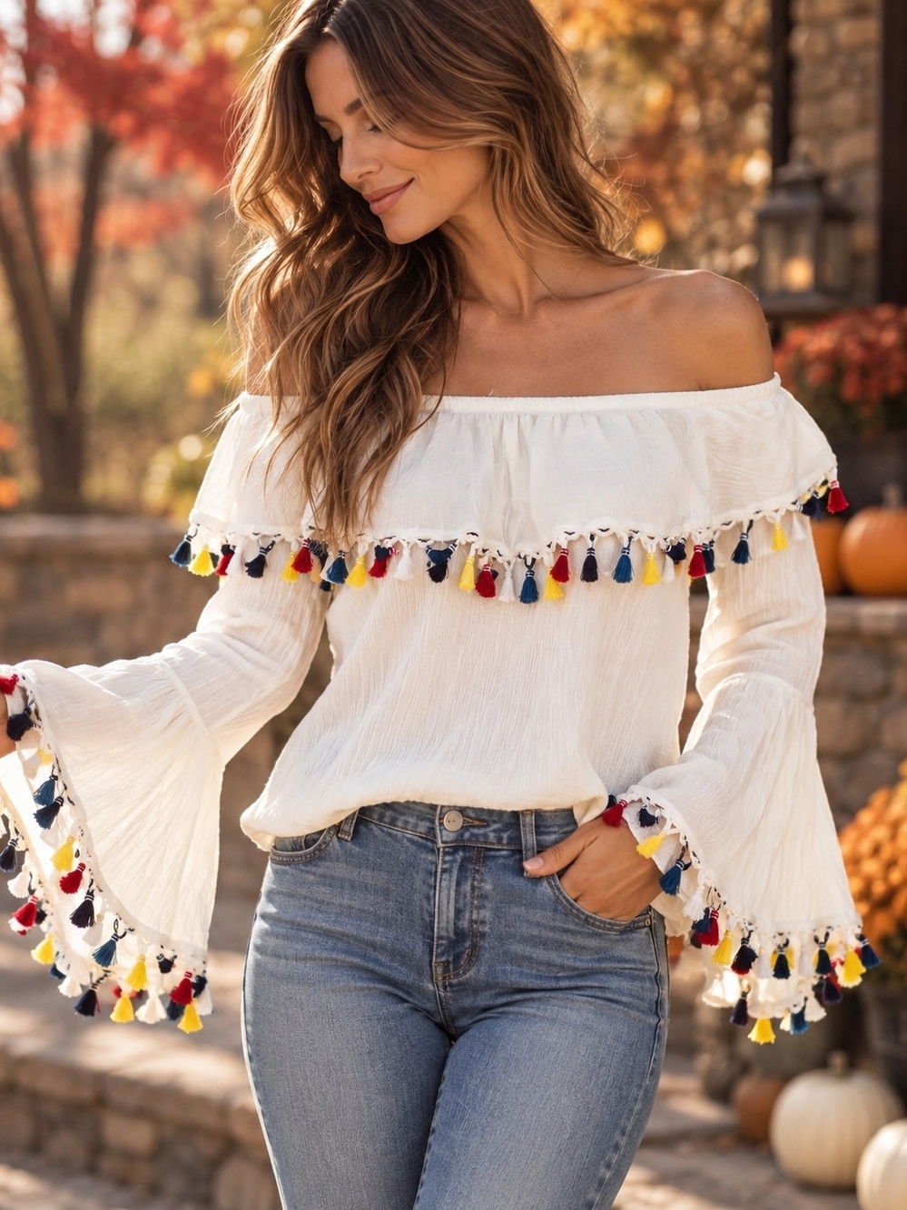 White Off Shoulder Tassel Bell Sleeve Boho Blouse Top Altar’d State M